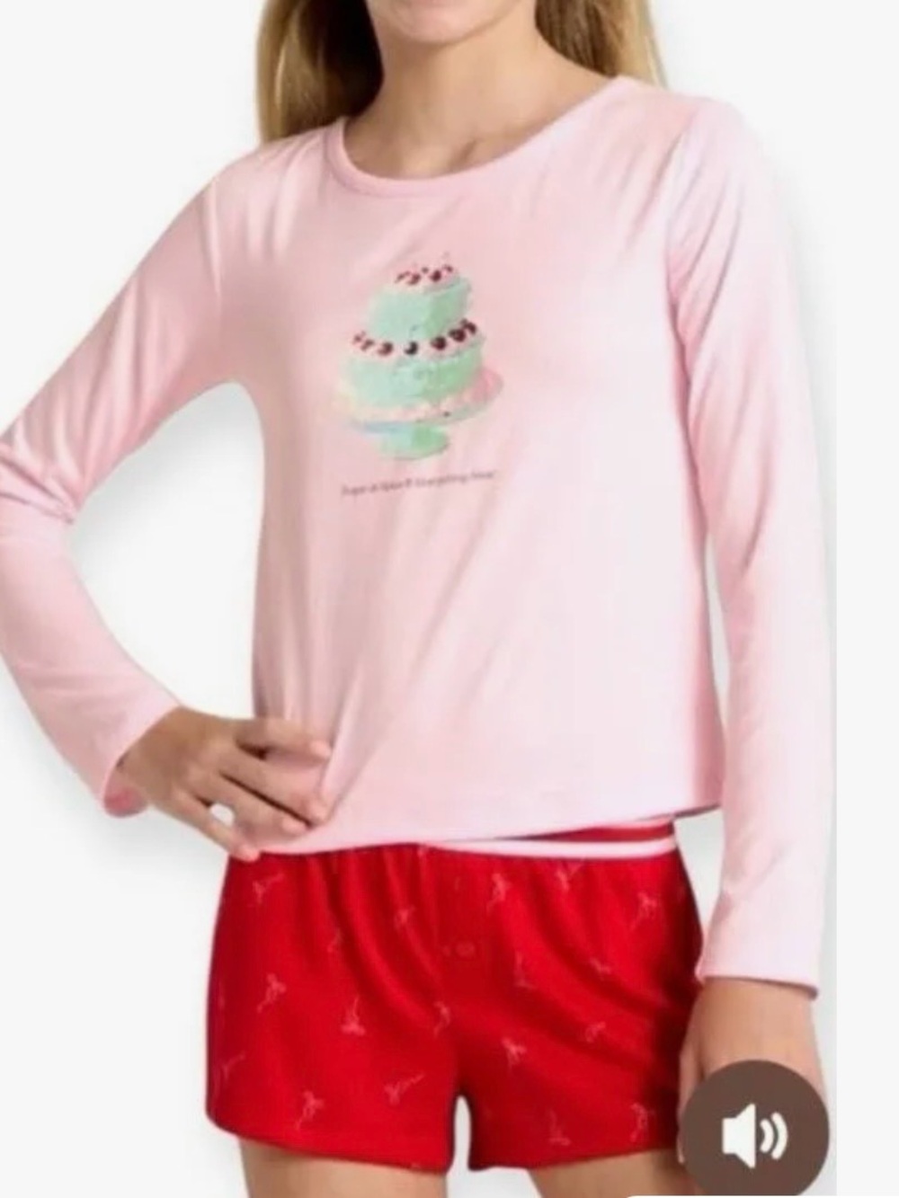 Pink Long-Sleeve Cake Graphic Pajama Top with Red Shorts and matching headband